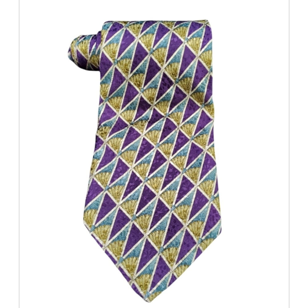 Robert Talbott Best Of Class Tie Hand sewn Wide Silk Blue Purple Gold Geometric